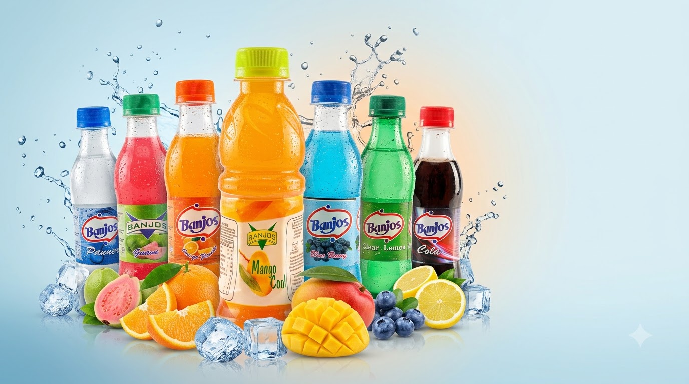 The full Banjos range — Panner, Gaaon, Orange, Mango Cool, Blue Berry, Clear Lemon and Cola bottles surrounded by fresh fruit and ice